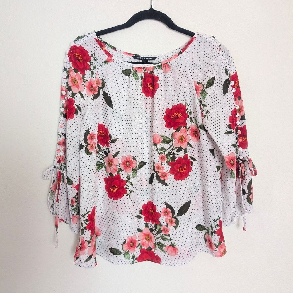 Zac & Rachel Floral Pink & White Polka Dot 3/4 Sleeve Blouse Size Small